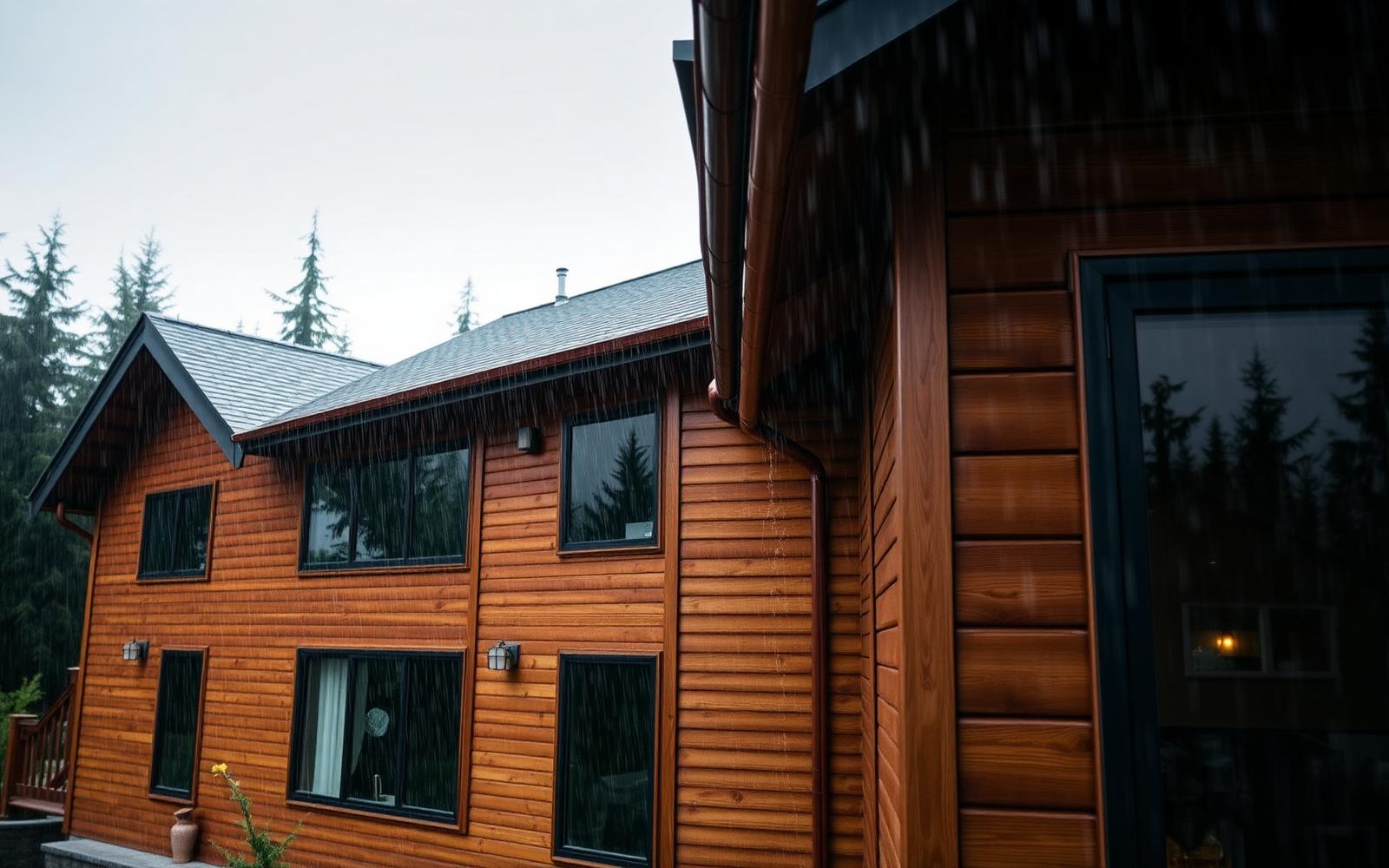 Rain running off the copper gutters of a cedar-clad West Coast home in the forest