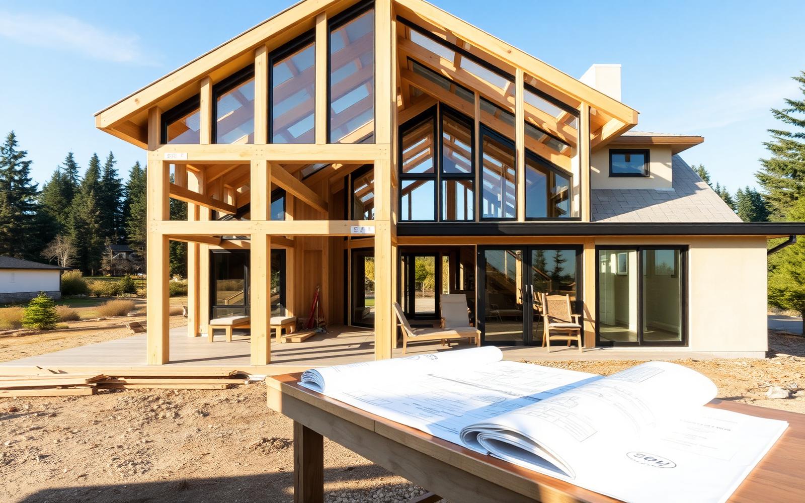 Timber framing and glazing of a modern West Coast home under construction with architectural drawings