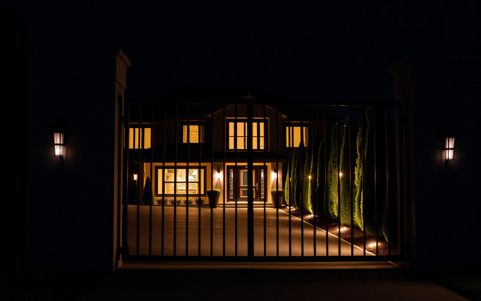 A gated luxury residence at night with warm interior lights and lit driveway