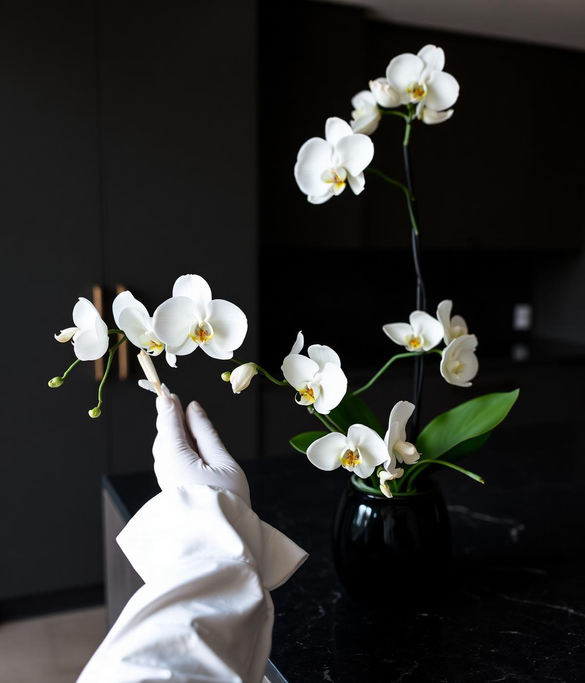 Housekeeper arranging fresh orchids on a dark stone island in a luxury home