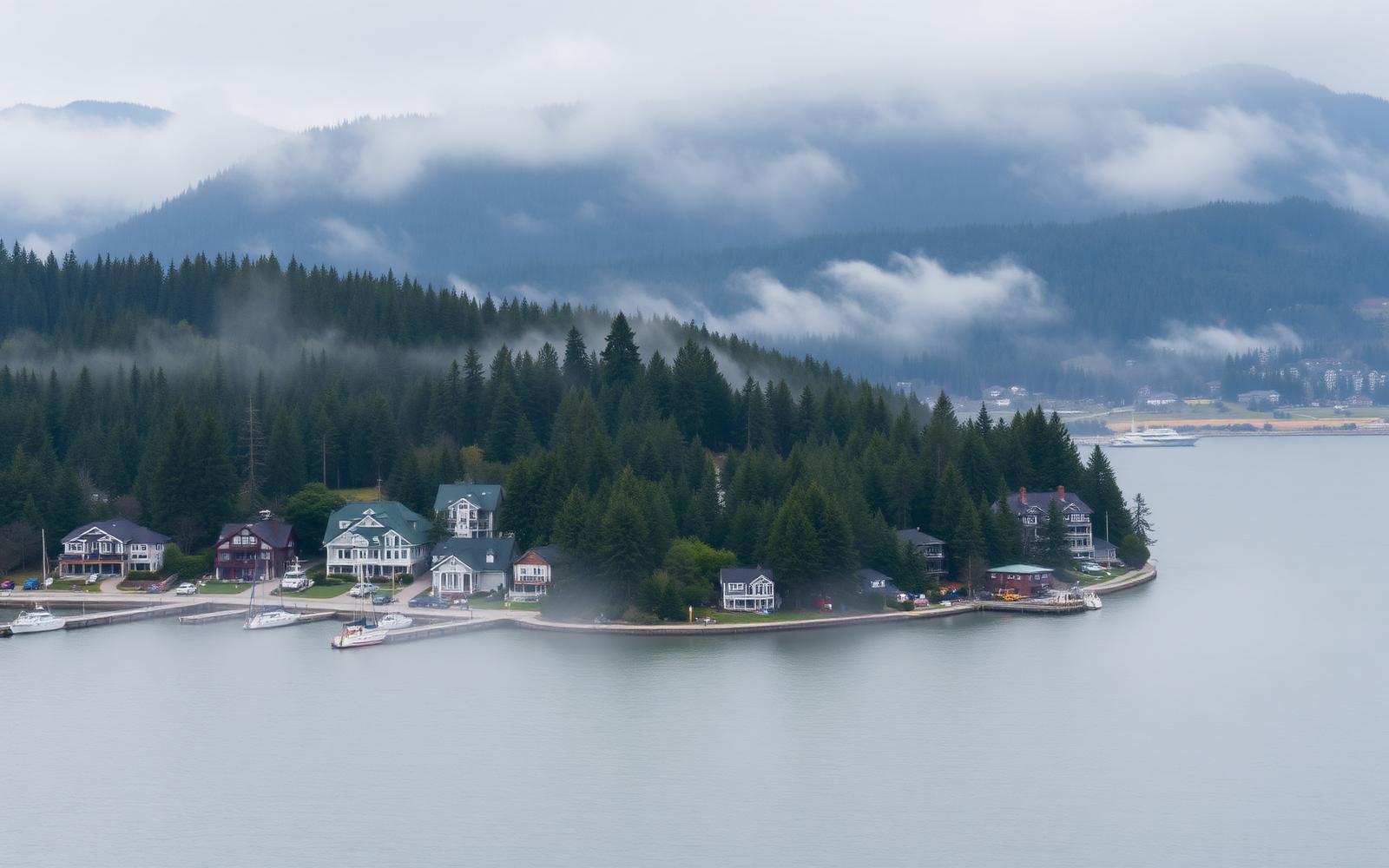 Aerial view of North Shore waterfront homes among evergreen forest and mountains